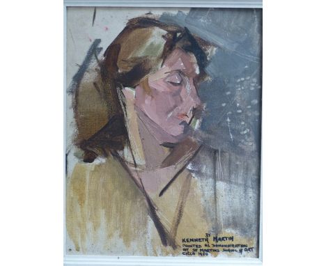 KENNETH MARTIN (1905-1984) ARR. PORTRAIT, INSCRIBED OIL SKETCH ON BOARD. 37 x 29cms. TOGETHER WITH AN UNFRAMED PORTRAIT OF A 