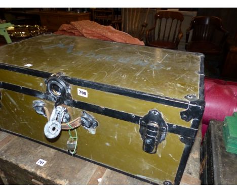 A BLACK TRIMMED GREEN TRUNK.   W 78cms