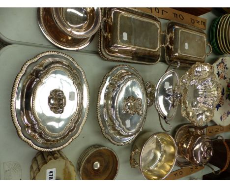 TWO PAIRS OF SILVER PLATED TUREENS, A SWING HANDLED BASKET, TEA CADDY, COASTER, ETC. 