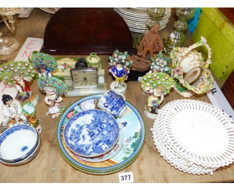AN ART DECO DRESSING TABLE CLOCK BY J C VICKERY, VARIOUS ANTIQUE PORCELAIN FIGURINES INC. TWO WITH GOLD ANCHOR MARK, AND OTHE