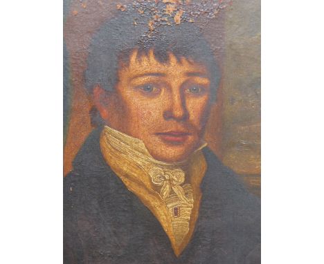 EARLY 19th.C. ENGLISH NAIVE SCHOOL. PORTRAIT OF A YOUNG MAN, OIL ON CANVAS. 59 x 46cms, MAPLE FRAME