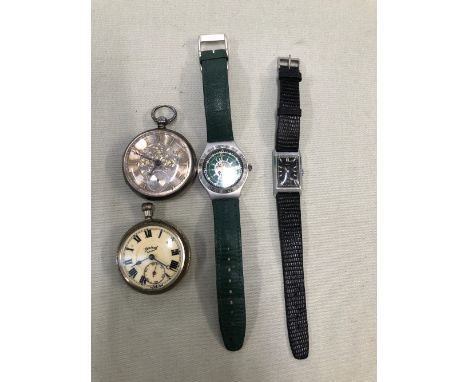 AN ANTIQUE SILVER POCKET WATCH, A SERVICES POCKET WATCH , A HUBER WRISTWATCH AND A LATER SWATCH IRONY WRISTWATCH. (4)