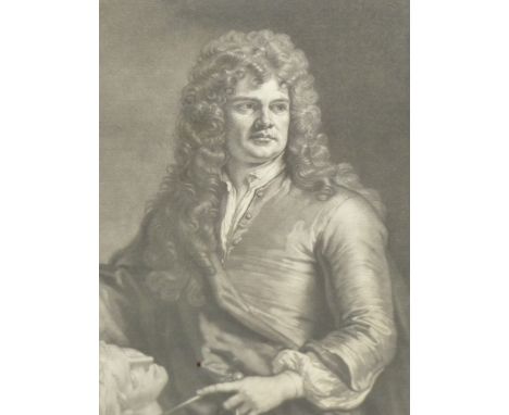  AFTER G KNELLER. AN ANTIQUE MEZZOTINT PORTRAIT PRINT OF GRINLING GIBBONS. 35 x 27cms. TOGETHER WITH A PORTRAIT PRINT OF MR A