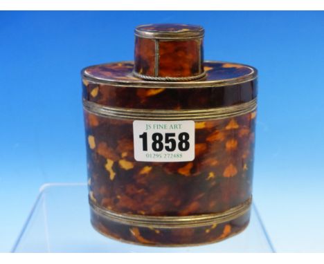 A&nbsp; 19th C. TORTOISESHELL MOUNTED WHITE METAL TEA CADDY AND COVER OF OVAL SECTION WITH A CYLINDRICAL TOP.&nbsp; &nbsp;H 1
