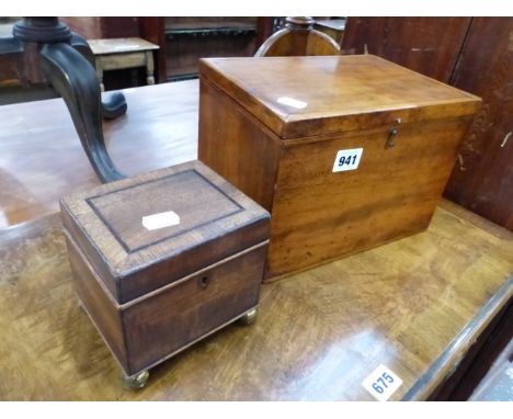 A MAHOGANY SEWING BOX AND A SMALL TEA CADDY. 