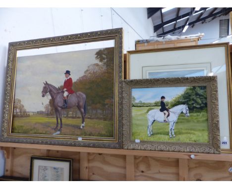 LATE 19th.C. SCHOOL. TAKING THE JUMP, INDISTINCTLY SIGNED PASTEL. 29 x 29.5cms. TOGETHER WITH AN OIL PAINTING OF A HUNTSMAN A