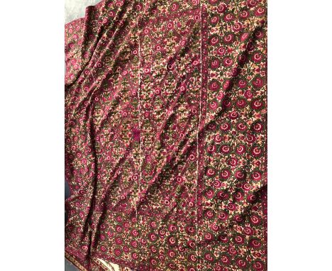 AN ANTIQUE SUZANI FLORAL NEEDLEWORK PANEL 210 x 170cms