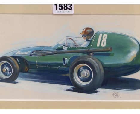 RODNEY DIGGENS (B 1937), ARR. TONY BROOKS DRIVING A 1957 VANWALL, WATERCOLOUR, MONOGRAM IN PENCIL.   13 x 25cms.