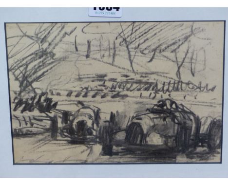 ATTRIBUTED TO WALTER GOTSCHKE (1912-2000), ARR. RACING CARS, PENCIL, UNSIGNED.   14 x 20cms.