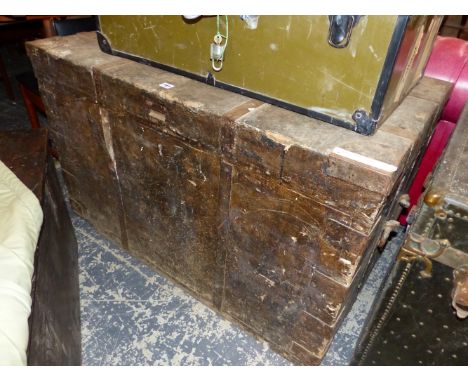 AN IRON AND CLOTH BOUND WOODEN BOX OR TRUNK.   W 106 x D 61 x H 66cms. CONTAINING A SMALLER IRON TRUNK