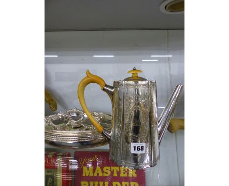 A PAIR OF PLATED TUREENS AND A SILVER PLATED COFFEE POT. 