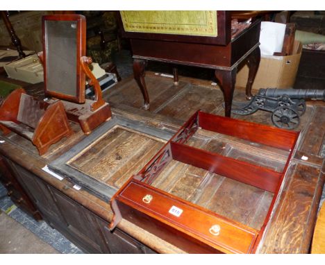 A VICTORIAN MAHOGANY DRESSING TABLE MIRROR, A BOOK TROUGH, A PICTURE FRAME AND A MAHOGANY WALL UNIT OF THREE SHELVES WITH A D