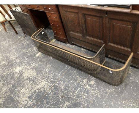 TWO ANTIQUE "D" FORM FIRE FENDERS. LARGEST W. 155cms. TOGETHER WITH A LATER WROUGHT IRON FIRE SCREEN (3)