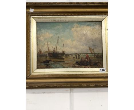 19th. C. ENGLISH SCHOOL. FISHER FOLK ON THE BEACH, OIL ON PANEL. 25 x 36cms