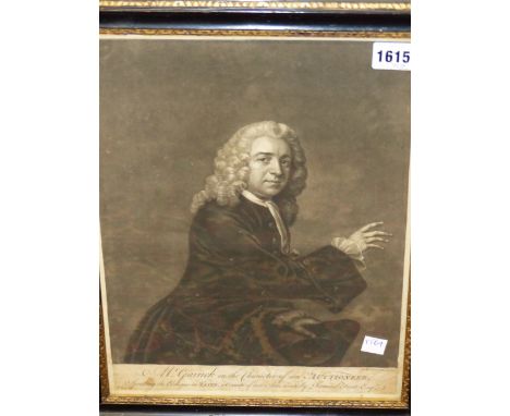 TWO ANTIQUE PORTRAIT PRINTS OF DAVID GARRICK, ONE IN THE ROLE OF AN AUCTIONEER. AFTER J. MCARDELL. 35 x 26cms. THE OTHER AFTE
