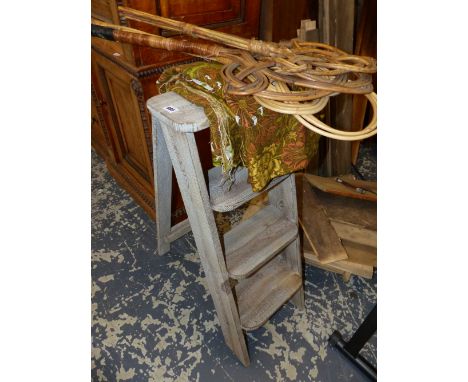 A LIMED WOOD STEP LADDER OF FOUR TREADS TOGETHER WITH A PANEL OF LIBERTYS WILLIAM MORRIS HONEYSUCKLE TEXTILE AND VARIOUS CARP