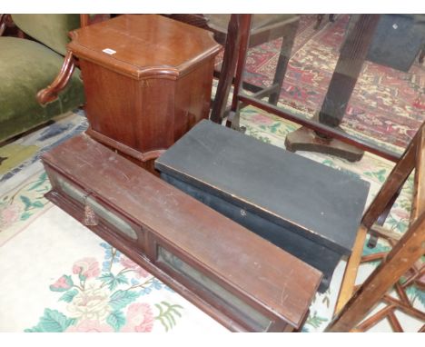 A 19th  C. MAHOGANY COMMODE STOOL, THE LID AND SIDES WITH INCURVED CORNERS.  W 41 x H 47cms. A BLACK TOOL BOX WITH INTERIOR T