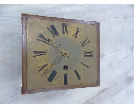 AN ARTS AND CRAFTS SHELF CLOCK STRIKING ON A BELL, THE WEIGHT DRIVEN MOVEMENT WITH A SQUARE BRASS DIAL WITH EBONY NUMERALS, T