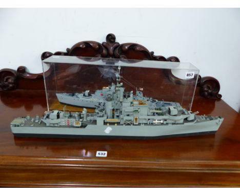 TWO MODEL WW2 BATTLE SHIPS ONE IN PERSPEX CASE. 