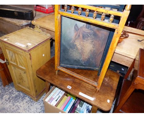 A GEORGE III MAHOGANY WASHSTAND, THE SQUARE TOP OVER A TIER WITH DRAWER BELOW.   W 36 x H 86cms.  A FIRE SCREEN AND A COFFEE 