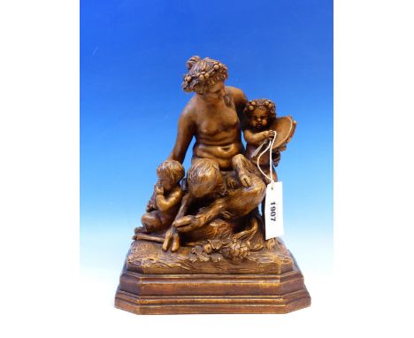 A 19th C. TERRACOTTA GROUP AFTER CLODION OF A FEMALE SATYR SEATED WITH ONE CHILD ON HER KNEE PLAYING A TAMBOURINE, ANOTHER SE