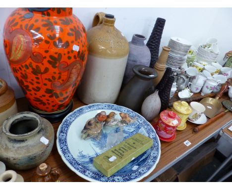 A LARGE CHARLES E BELCHER TWO TONE FLAGON, VARIOUS SMALL BOTTLES, RETRO TEAWARES, VASES AND A LARGE RETRO LAMP BASE.