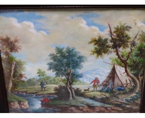 OLD MASTER SCHOOL. SPORTSMEN BY A BROOK, GOUACHE. 19 x 24cms. PERIOD MOULDED FRAMEFROM THE ESTATE OF PHILIP ASTLEY-JONES