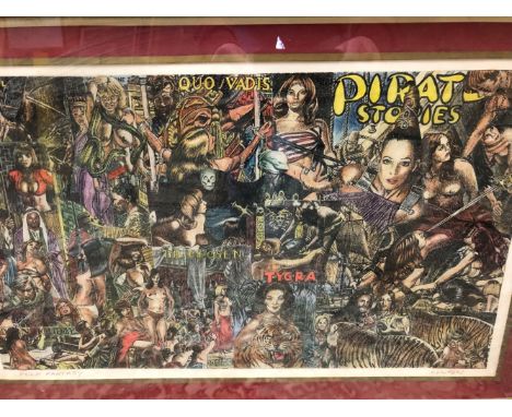 JAMES NEWTON (20th C.) ARR. PULP FANTASY. PENCIL SIGNED AND INSCRIBED COLOUR PRINT, GALLERY AND EXHIBITION LABELS VERSO. 35 x