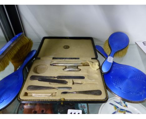 A HALLMARKED SILVER AND ENAMEL DRESSING TABLE SET ETC. 