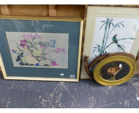 MABEL BRUCE -LOW (1883-1972) SUMMER FLOWERS, PENCIL SIGNED COLOUR WOODCUT. 25 x 38cms. TOGETHER WITH THREE EARLY 20th.C. WATE