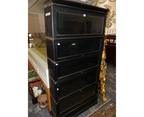 A PAIR OF GLOBE WERNICKE EBONISED FIVE TIER BOOKCASES, EACH.   W 87 x D 25 x H 171cms.