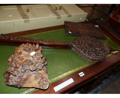 A PAIR OF CRVED WOOD FIRE BELLOWS, A PANEL CARVED WITH CHESTNUT LEAVES AND A NODULE OF BURR WOOD