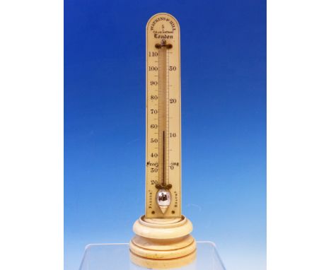 A WATKINS AND HILL MERCURY THERMOMETER MOUNTED VERTICALLY ON AN IVORY SCALE.   H 25.5cms.