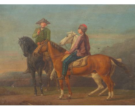 OLD MASTER SCHOOL. HORSEMEN CONVERSING, OIL ON PANEL. 35 x 47cms