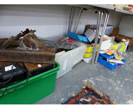 A LARGE COLLECTION OF ASSORTED ITEMS TO INCLUDE ARCHITECTS PLANS, DRAWING IMPLEMENTS. VINTAGE MOBILE PHONES,TOOLS ETC.
