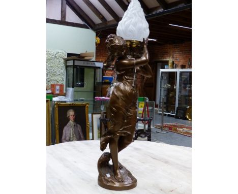 AN ELECTRIC LAMP WITH FLAME MOULDED GLASS SHADE HELD UP BY A SPELTER LADY WEARING A DIAPHONOUS DRESS STANDING ON A CIRCULAR B