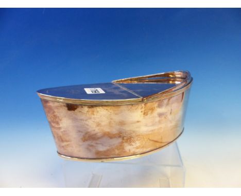 AN OLD SHEFFIELD PLATE DOUBLE LIDDED TEA CADDY, THE NAVETTE SHAPE OVERSWUNG BY A HANDLE, LOCKS AT EACH END TO SECURE THE D IN