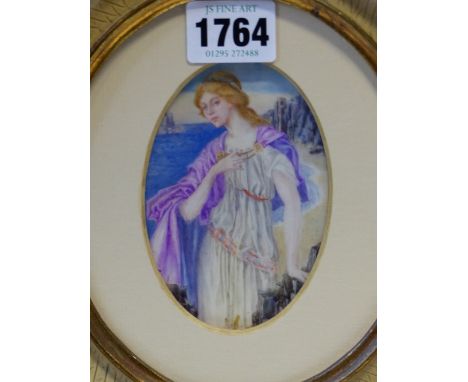 MURIEL V C NUTTALL, AN EARLY 20th C. OVAL PORTRAIT MINIATURE OF MIRANDA ON A ROCKY SEA SHORE.   10 x 6.5cms.