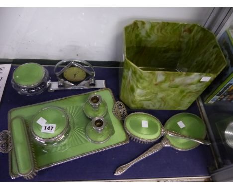 A MID CENTURY DRESSING TABLE SET, AN ART DECO DRESSING TABLE CLOCK, AND A SMALL VINATGE WASTE BIN. 