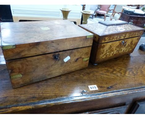 A REGENCY INLAID SARCOPHAGUS TEA CADDY, AND A WALNUT WRITING BOX.