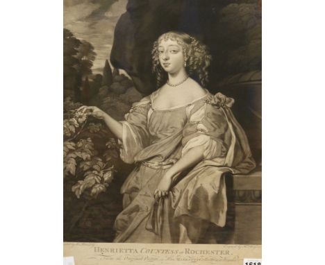  FIVE ANTIQUE PORTRAIT PRINTS. HENRIETTA COUNTESS OF ROCHESTER AFTER PETER LELY. TOGETHER WITH LADY WHITMORE, ANOTHER AFTER R