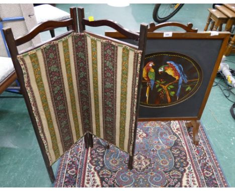 Embroidered firescreen depicting parrots and twin fold screen