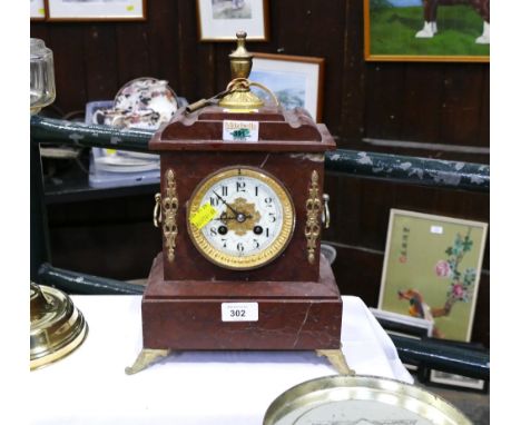 Red marble mantle clock with brass ornate fitting with key