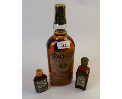 Vintage 75 cl bottle of Teachers Scotch Whisky and two vintage Scotch Whisky miniatures