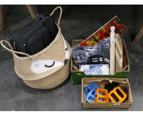 Quantity of BMX pedals, basket, luggage, Wedgwood Jasperware, glazed tile plaque