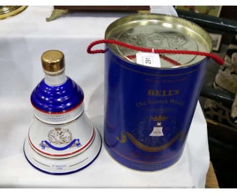 Bells Old Scotch Whisky decanter for The birth of Princess Beatrice - in container and another unboxed, both with contents
