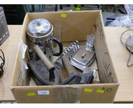 Vintage cast metal irons, including Dalli and Crane Foundry, Bodum coffee percolator, toast rack, butter dish etc