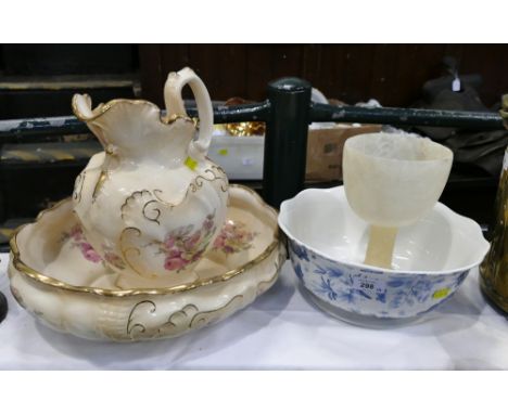 Blakeney Ironstone wash jug and basin, Portmeirion Botanic blue bowl and marble goblet