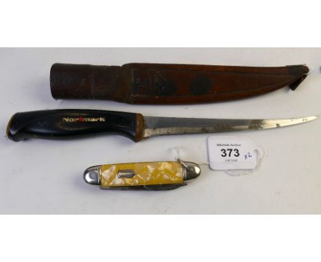 Normark knife in leather scabbard and mother of pearl handled penknife This bladed product is not for sale to people under th