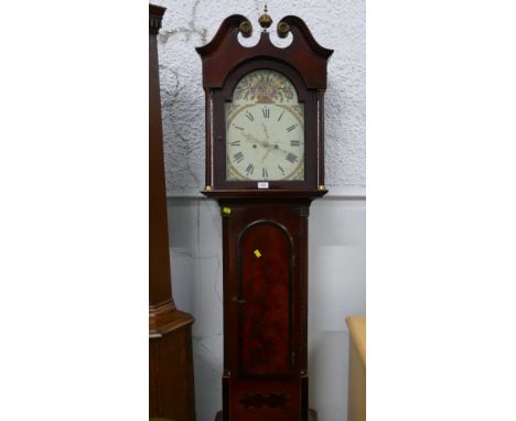 W.M. Logan Ballater longcase clock with painted floral face, pendulum and weights